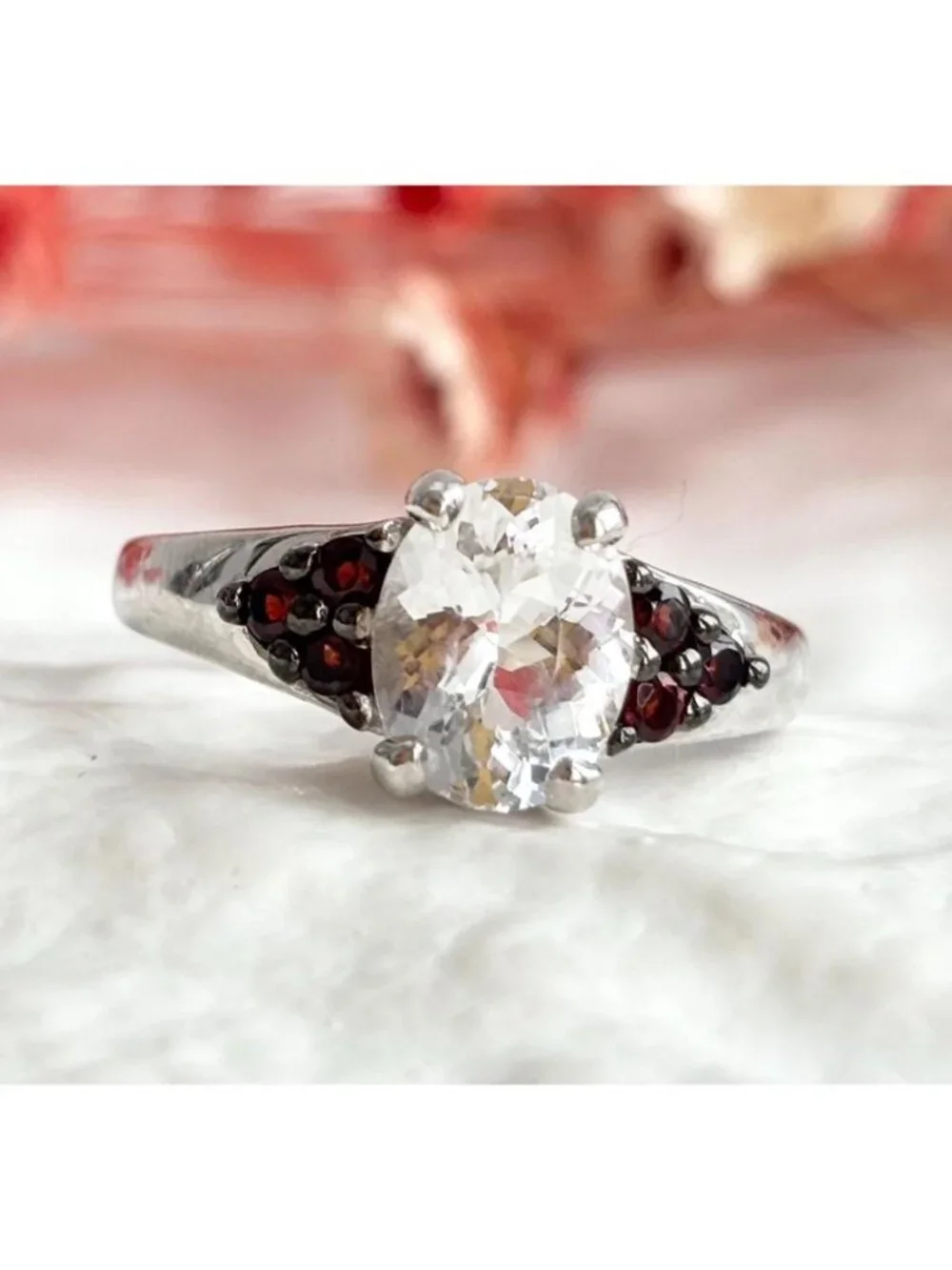 White Topaz & Mini Garnet Gemstone Sterling Silver 925 Vintage Ring - sz 8